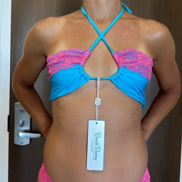 BRAND NEW BEACH BUNNY Lady Lace Turquoise Sea Bandeau Top XL & Skimpy Bottom M - Picture 3 of 6